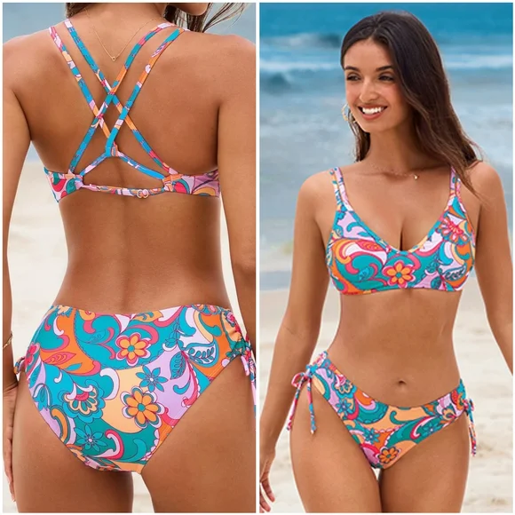 NWT Cupshe Floral Paisley Strappy Two Piece Low Rise Bikini Swimsuit Bathing L - Picture 1 of 14
